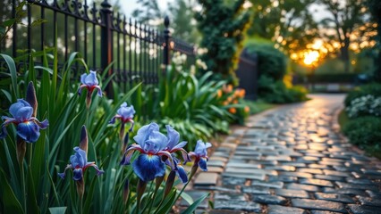 Tranquil garden path with purple irises