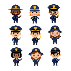 Set of police officer characters with different emotions and expressions in flat cartoon style