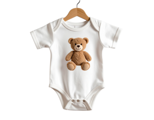  Baby Onesie with Teddy Bear Print, Hanging Front View PNG