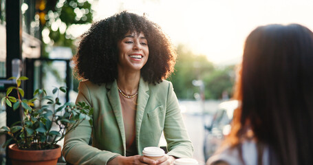 Cafe, hangout and women with smile, friends and conversation with coffee, laugh or bonding on...