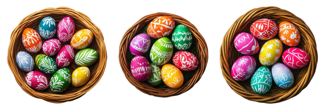 Top view wicker basket filled with colorful Easter eggs decorated with intricate white patterns, isolated on white transparent background. Festive holiday concept - Powered by Adobe