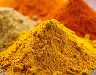 "Extreme close-up, macro shot of Indian spices &ndash; turmeric, cumin, and red chili powder &ndash; artfully arranged on a dark, rustic wooden surface, with a hint of a simmering curry in the background. Emphasi