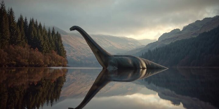 Mythical loch ness monster in a misty scottish highland lake