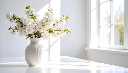 Elegant White Blossoms in a Vase with Natural Light and Shadow Play