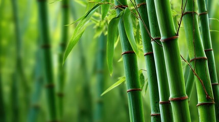 Fototapeta premium Lush green bamboo stalks rise, leaves reaching with a soft bokeh background. Use this calm nature scene for wellness, zen, or environmental projects.