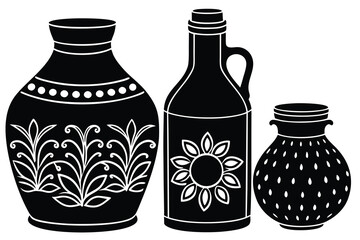 Black and White Art Featuring Three Ornate Decorative Vases and Bottle