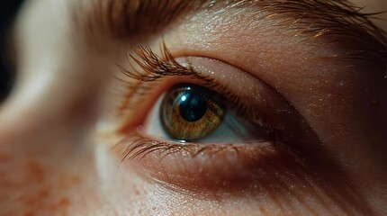 Extreme close-up macro video of a human hazel eye with freckles - Powered by Adobe