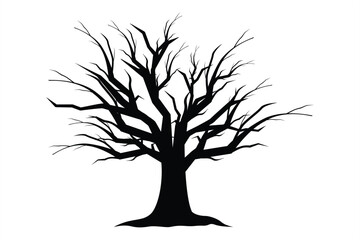 Dry Tree Silhouette Vector. Black silhouette vector of a large dry tree with many thick, spreading branches and no leaves. Ideal for spooky, gothic, autumn, or Halloween designs. 