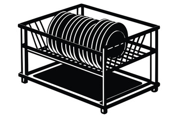 Black and White Dish Rack Silhouette with Plates, Kitchenware, Utensils, and Countertop Storage