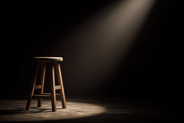 Wooden stool illuminated by spotlight on dark concrete floor