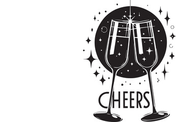 Minimalist Black & White Wine Flutes Stylized Red Wine Cheers Vector