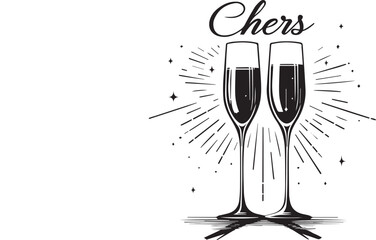 Minimalist Black & White Wine Flutes Stylized Red Wine Cheers Vector
