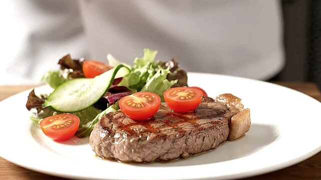 Hands garnish a cooked steak with halved tomatoes and a side salad on a white plate atop a wooden surface