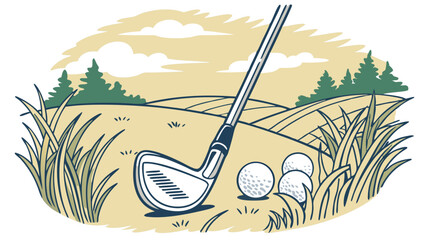 Golf Club and Balls on a Course Illustration.
