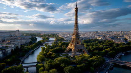 Elevated View of Parisian Cityscape with Iconic Tower under Sunny Sky