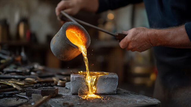 Craftsman Pouring Molten Metal in Rustic Workshop
