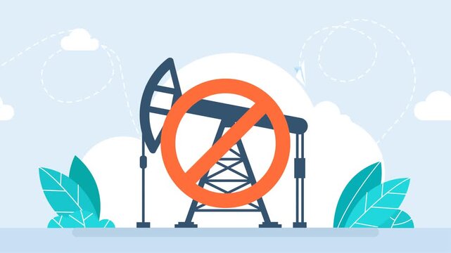 Oil rig. Ban oil production. Oil well is abandoned, eliminated, banned, prohibited and stopped. Protest against petrol and petroleum extraction. Protest. Prohibited. No. Ban. 2d flat animation