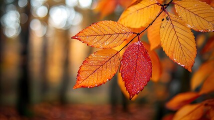Bright Red and Yellow Leaves in Autumn Forest 