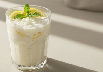 Refreshing Lemon Mint Yogurt Drink in a Clear Glass with Fresh Ingredients and Natural Light