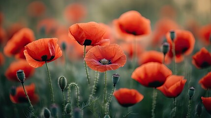 Bright Red Poppies in Bloom on Green Field -