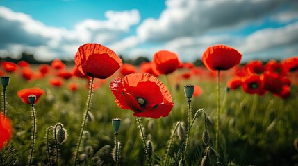 Bright Red Poppies in Bloom on Green Field -