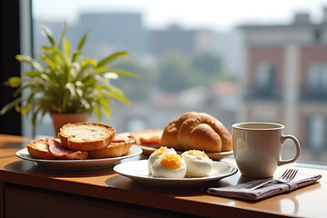 Hotel-style continental breakfast with boiled eggs, fresh bread, sliced ham, and tea, placed near a window with city view