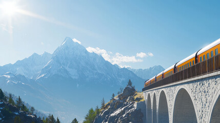Scenic train journey through majestic mountains showcases vibrant train crossing stone bridge under bright sky