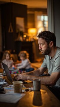 Stressed father working from home on laptop with children in background
