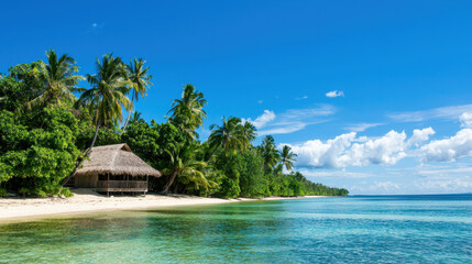 Tropical island with beach hut surrounded by palm trees and clear blue water creates serene atmosphere
