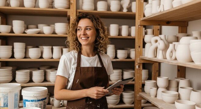 Woman Ceramicist Works with Pottery Inventory on Tablet