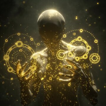 Golden alien figure manipulating a glowing magical user interface