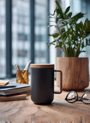 Modern Black Mug with Wooden Lid and Handle on Desk.