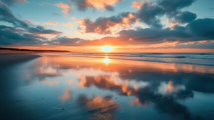 Calm Beach with Low Tide and Sunset 