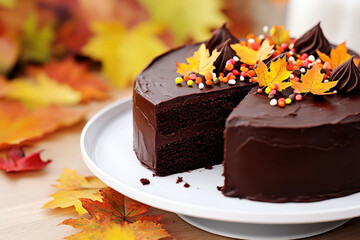 Delicious chocolate cake adorned with colorful autumn leaves and sprinkles, perfect for seasonal celebrations
