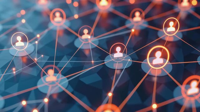 A network of people is shown in orange and blue. The people are connected to each other in a web-like pattern. Concept of interconnectedness and community