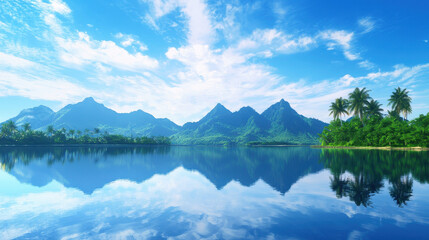 Serene tropical island landscape featuring lush mountains, clear blue skies, and calm waters reflecting scenery