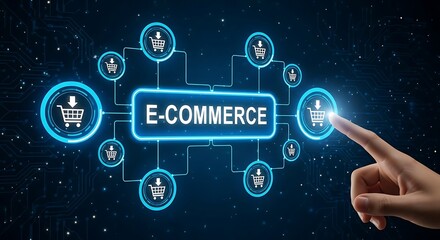 A hand interacts with a digital e-commerce network, showcasing online shopping transactions and interconnected processes.