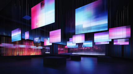 Vibrant virtual reality conference center featuring colorful digital displays and illuminated panels creates immersive