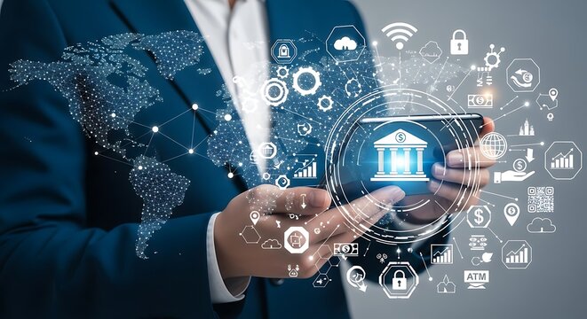 Person using mobile banking app, global network visualized, digital financial technology.