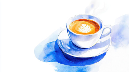 Watercolor illustration of coffee cup with latte art, showcasing warm colors and serene atmosphere