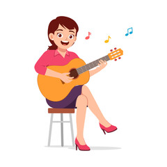 Smiling Woman Sitting and Playing Guitar with Music Notes in Colorful Illustration
