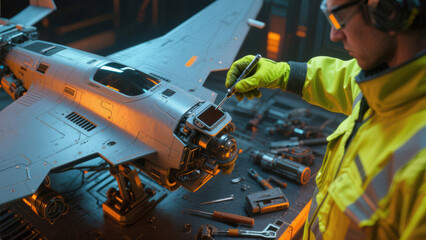 Technician working on a futuristic aircraft model