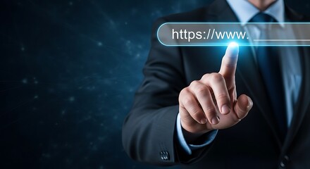 A businessman's finger pointing towards an illuminated website address bar.