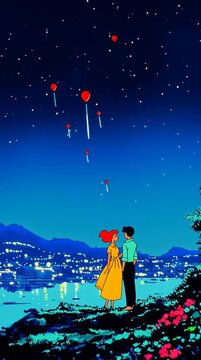 Anime couple watching heart balloons in a starry night city scene