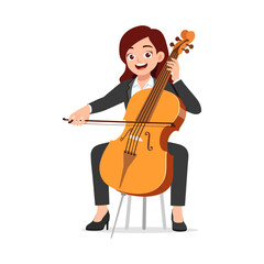 Happy Asian Woman Playing Cello Sitting on Chair in Black Suit Illustration © Colorfuel Studio