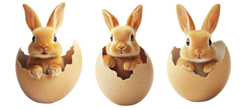 Adorable fluffy bunny peeking out from cracked egg isolated on white transparent background. Symbolizing Easter, spring, and new beginnings - Powered by Adobe