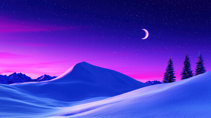 Serene winter night scene with crescent moon illuminating snowy landscape and vibrant purple skies