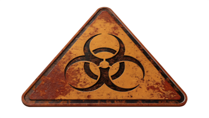 A rusty and weathered biohazard warning sign with the iconic symbol, isolated on transparent background, conveying danger and caution