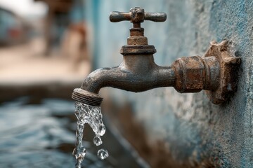 A vintage metal tap flows with fresh, clean water against a textured blue wall. Ideal for illustrating water conservation, scarcity, or global access issues.
