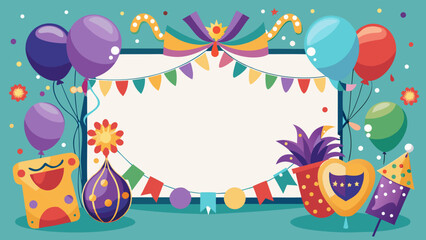 Obraz premium Vector art of a festive birthday party scene with colorful balloons, confetti, and a blank frame for text